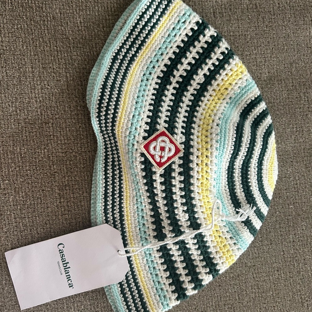Striped Casablanca Crochet Hat - Green, Yellow, White